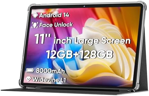 2025 Upgraded Android 14 Tablet, 11inch Tablet PC,Support Face Unlock, Octa-core CPU,12GB+128GB+1TB Expand, 8000mAh Big Battery, 18W Fast Charging, WiFi6, BT5.0,Touchscreen Display Tableta with Case