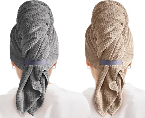 MABAO 2 Pack Microfiber Hair Towel Wrap for Women, Quick Dry Hair Turban Towel with Elastic Band, Microfiber Plopping Towel for Curly Hair, Stocking Stuffers for Women (Gray, Camel)