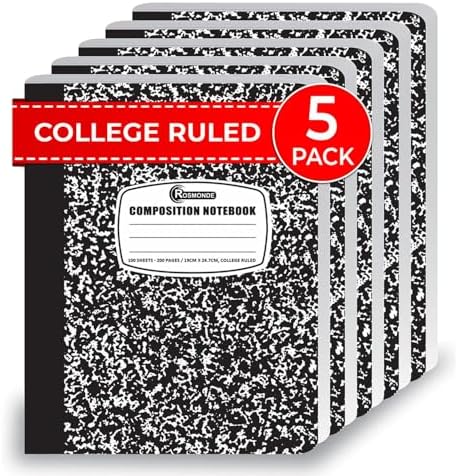 Rosmonde College Ruled Composition Notebooks 5 Pack, 200 Pages (100 Sheets), 9-3\/4" x 7-1\/2", White &amp; Black Marble Composition Book, Hard Cover, Sturdy Sewn Binding, School, College &amp