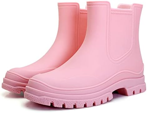 Hsttgsr Women's Rain Boots, Comfortable Elastic Adult Ankle Booties, Fashion Mid Heel Chelsea Boots, Waterproof Non-Slip Chunky Platform Lug Sole Short Garden Boots