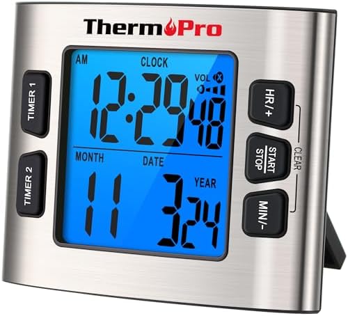 ThermoPro TM02 24 Hours Digital Timer with Dual Kitchen Timers for Cooking, Stop Watches Magnetic Timer Clock with Adjustable Alarm Volume &amp; LCD Backlit Display, Classroom Timer for Kids &amp; Tea