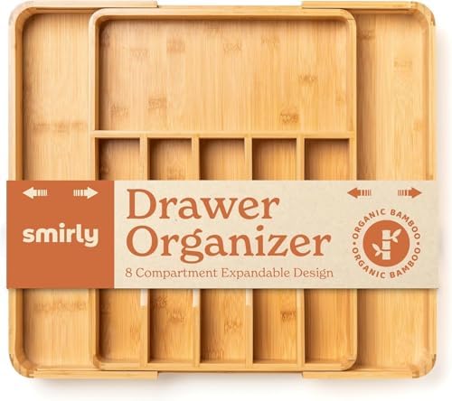 SMIRLY Silver Drawer Storage Box \\ u2013 Bamboo Kitchen Drawer Storage Box, Adjustable Tableware Rack and Tray, Drawer Divides Tableware and Kitchen Utensils