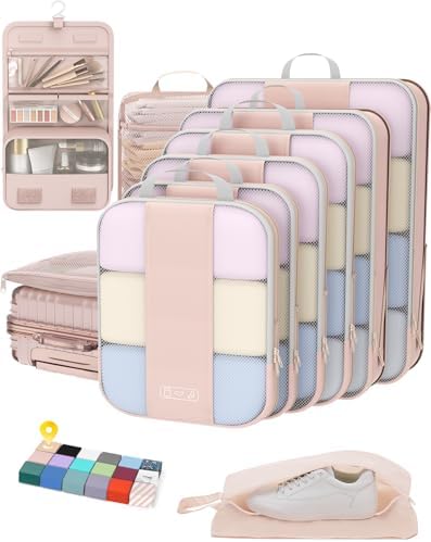 10 Set Compression Packing Cubes for Travel Women Mom,OlarHike Luggage Clothes Storage Gifts for Travelers,Airplane\/Cruise\/Car\/Train Travel Essentials,Compressible Expandable Saver Space Bags(Beige