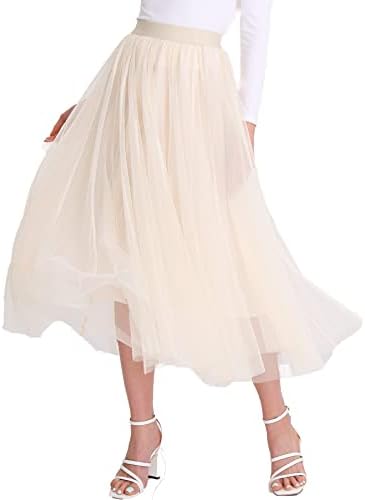 Women\u2019s Tulle Skirts Midi Elastic High Waist Pleated Mesh Flowy A-Line Party Long Tutu Skirts\u2026