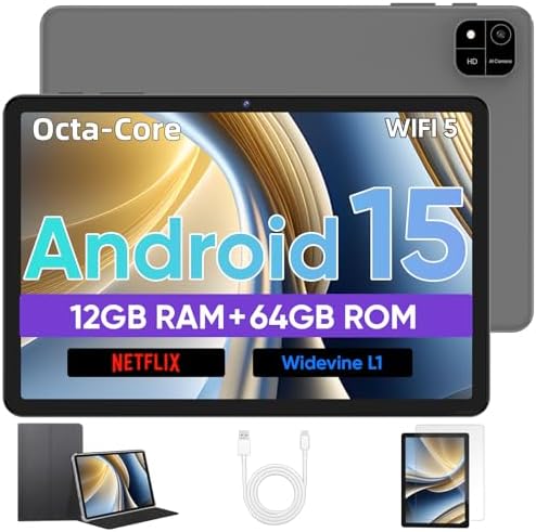 Android Tablet, 10 inch Android 15 Tablet with Octa-Core Processor, 12GB RAM 64GB ROM 2TB Expand, 1280x800 HD Touchscreen, GPS, WiFi 5, Dual Camera, BT5.0, 6000mAh, Widevine L1 (Black)