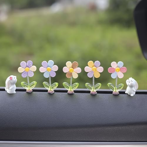 Kurilai 7pcs Cute Car Rearview Mirror Accessories, Funny Bunny Car Ornament, Shaking Spring Sunflower Dashboard Decorations, Interior Decor Christmas Valentine's Day Gifts for Men Women
