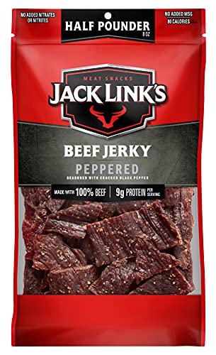 Jack Link's Beef Jerky, Peppered, Half Pounder Large Jerky Bag - Flavorful Meat Snack, Ready to Eat Protein Snacks with 9g of Protein per Serving, Made with 100% Beef