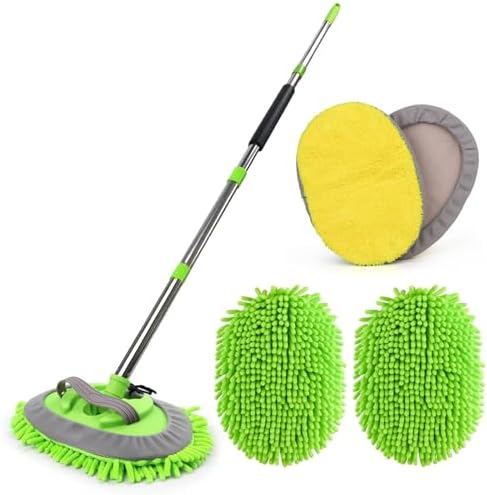62'' Microfiber Car Wash Brush Mop Kit Sponge with Long Handle, Chenille Car Cleaning Brush Supplies Car Windshield Cleaner Pads for Car Rv SUV Truck Boat Bus Non-Scratches