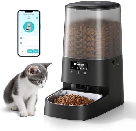 Invengo Cat Feeder Automatic - Cat Food Dispenser MeowServe S20, Auto Dog Feeder with Stainless Steel Bowl, 5L Pet Feeder with Patented Anti-Jam Port, App, Dual Lock Lid, Dual-Band WiFi &amp; Power Su