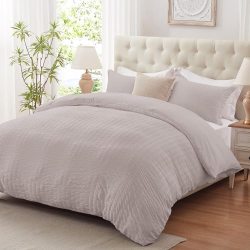 Cozyide Light Grey Twin Duvet Cover, 2 Pieces Bedding Duvet Covers, Soft Breathable Seersucker Duvet Cover Set with Zipper Closure and Corner Ties (1 Duvet Cover 68"x90" + 1 Pillow Sham 20"