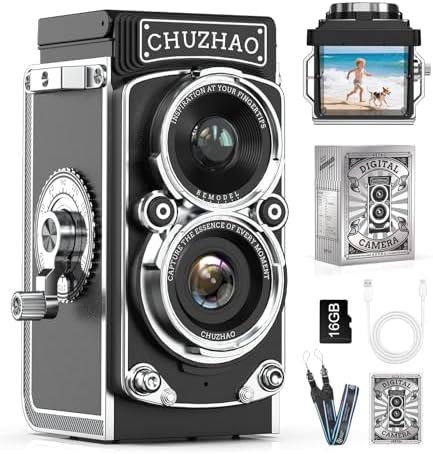 CHUZHAO Digital Camera Retro, Portable TLR Style Twin-Lens Vintage Camera, 12MP Autofocus 1080P FHD Point and Shoot Pocket Vlogging Retro Digital Cameras with16 GB Card for Beginners Teens Boys Girls