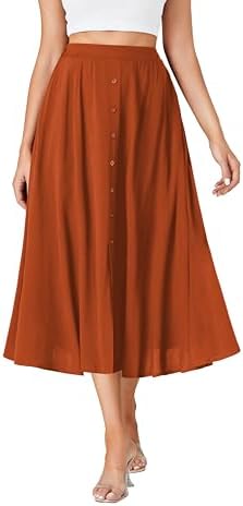 LYANER Women's High Elastic Waist Pleated Flare A Line Midi Skirt with Pockets