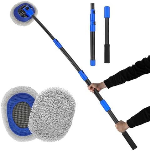 15° Bend Labor-saving Car Wash Brush with Telescopic Handle 56.7" Chenille Microfiber Soft Car Wash Mop Long Handle Car Cleaning Brush Kit with Extension Pole &amp; Replacement Head for Clean Car 