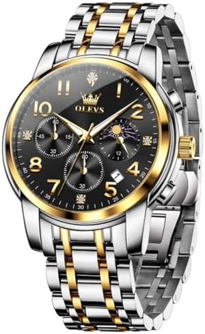 OLEVS Watch Men Luxury Classic Big Face Men's Wrist Watch Fancy Metal Stainless Steel Waterproof Mens Watches Everyday Easy Reader Date Moon Phase Analog Quartz Chronograph Watches Reloj para Homb