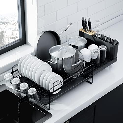 Kitsure Large Dish Drying Rack - Extendable Dish Rack, Multifunctional Dish Rack for Kitchen Counter, Anti-Rust Dish Drainers with Cutlery &amp; Cup Holders 19.2"-26.7" L x 12.9" W, Black