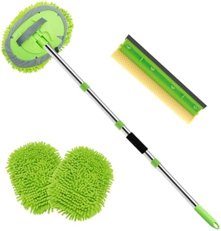 62" Car Wash Brush Kit Mitt Mop Sponge with Long Handle Chenille Microfiber Car Cleaning Brush Kit Windshield Window Squeegee Car Care Kit of Scratch-Free Replacement Head for Car RV Truck