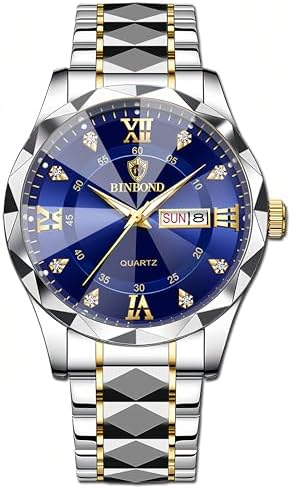 Gosasa Luxury Men's and Women's Business Diamond Stainless Steel Waterproof Roman Numeral Analog Quartz Watch with Day-Date Calendar, Gold and Silver Tone