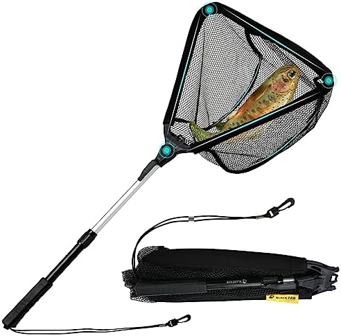 Black Paw Folding Telescopic Fish Landing Net - Rubber Coated for Kayak, Fly, Trout Fishing - Freshwater &amp; Saltwater