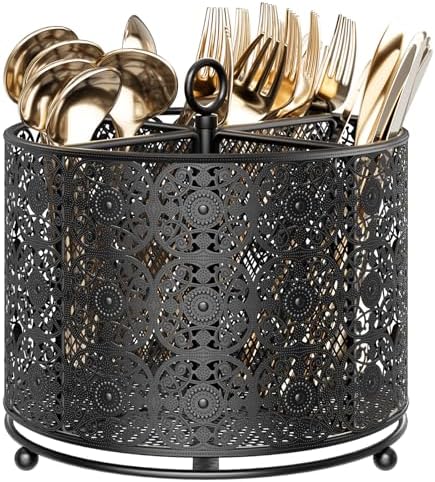 YIUKEA 360° Rotating Utensil Caddy Countertop - Cutlery Silverware Caddy Holder with 4 Compartment - Higher Raised Flatware Organizer with Handle for Party Kitchen Counter Office Black