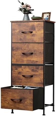 WLIVE Dresser with 4 Drawers, Fabric Storage Tower, Organizer Unit for Bedroom, Hallway, Entryway, Closets, Sturdy Steel Frame, Wood Top, Easy Pull Handle, Rustic Brown Wood Grain Print