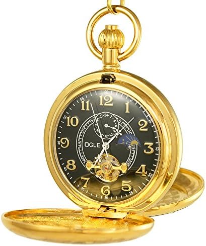 OGLE Vintage Copper Double Cover Tourbillon Phases Moon Chain Fob Self Winding Automatic Mechanical Pocket Watch\/Gold Dial