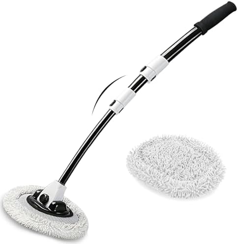 15° Curved Car Wash Brush with Long Handle 43" Microfiber Cleaning Mop Telescopic Extension Pole for Caravan RV Truck Auto SUV Wheel Boat Exterior 2 in 1 Carwash Duster Not Hurt Paint Scratch Free