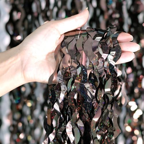 4Pcs Brown Metallic Wavy Tinsel Curtains - 3.3x6.6 ft Foil Curtain Backdrop for Birthday Party, Halloween Decor