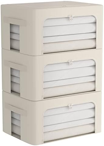 3Pack Frame Storage Box - Clothes Storage Bin Bags Oxford Fabric Foldable Stackable Container Organizer Set with Clear Window &amp; Carry Handles (Beige, Medium-44L)