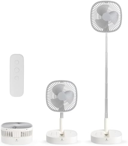 Portable Pedestal Fan - Foldaway Standing Fan Foldable Desk Fan, Use 7200Mah Rechargeable Battery, Remote Control Telescopic 4 Speed Quiet Timer Fan for Home Kitchen Outdoor Camping (Gray)