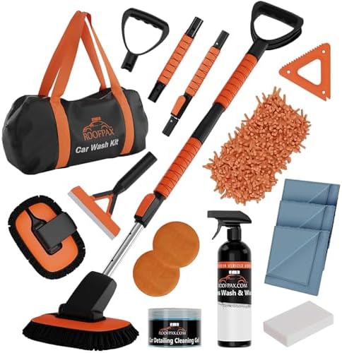 RoofPax Premium Car Wash Detailing Kit with 48.8" Extendable Telescoping Handle Chenille Microfiber Car Brush Wash Mop Mitt Scratch-Free Duster Exterior Magic Sponge &amp; Cleaning Kit for All Veh
