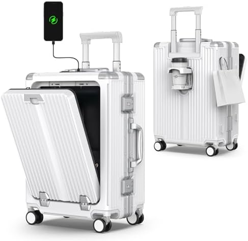 Ladplay Portable Carry on Luggage Airline Approved, Expandable Luggage with Cup Holder for Trips, Practical Suitcase with Front Pocket ＆ USB Port.(WHITE-01)