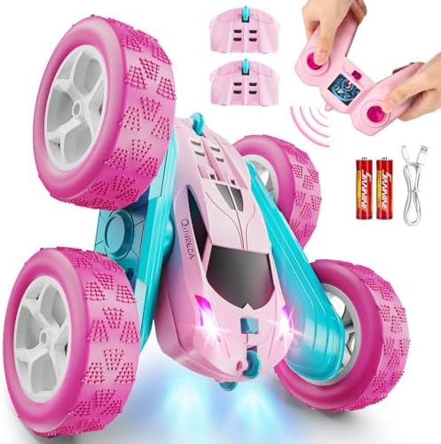 QUNREDA RC Cars, Pink Remote Control Car for Girls, 2.4 GHZ Double Sided RC Stunt Car 360° Rotating Remote Control Crawler with Headlights Car Toys for 6 7 8 9 10 11 12 Girls Birthday Gift