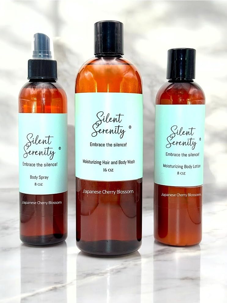 Silent Serenituy Skin Care Set, Moisturizing Body Wash, Moisturizing Body Lotion, Fragrance Body Spray, 3 Piece Gift Set (16 oz, Japanese Cherry Blossom)