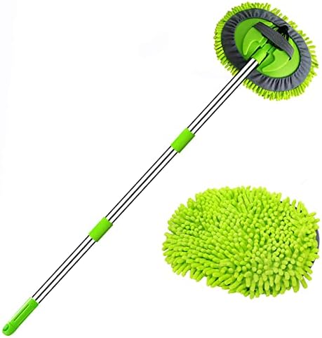 WillingHeart 47.5" Car Wash Brush Mop Cleaning Tool with Long Handle Kit for Washing Detailing Cars Truck, SUV, RV, Trailer, Boat 2 in 1 Chenille Microfiber Sponge Duster Not Hurt Paint Scratch Fr