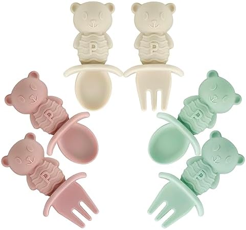 PandaEar 6 Pack Baby Led Weaning Spoons Forks 6+ Months  Silicone Baby Spoons and Fork Self Feeding Utensils, Toddler Infant Anti-Choke Feeding Utensils, Bear Shape (Pink Green Linen)