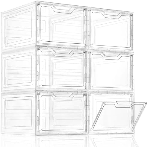 Freebat 6 Pack Closet Organizers and Storage,Clear Stackable Plastic Storage Bins with Lids Magnetic Doors,Clothes Organizers and Storage,Plastic Craft Containers for Wardrobe Kitchen Bathroom Office