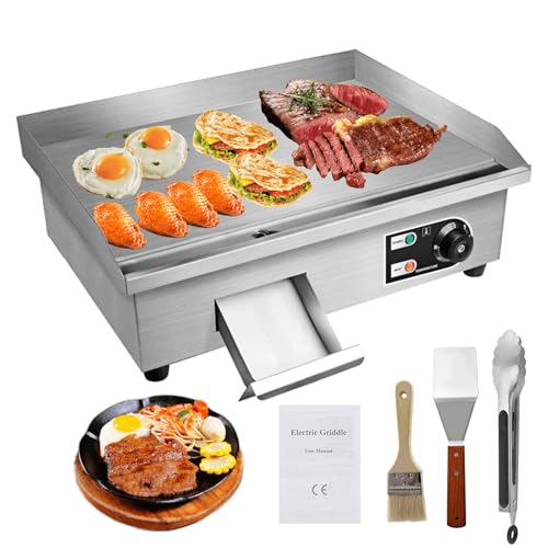 PROMOTOR 22" Electric Countertop Flat Top Griddle 1600W 110V Non-Stick Commercial Restaurant Teppanyaki Grill Stainless Steel Adjustable Temperature Control 50~300℃