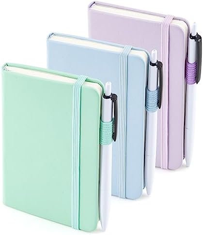 feela 3 Pack Pocket Small Notebook Journals, Mini Cute Hardcover College Ruled Notepad Women Office Supplies, with 3 Black Pens, 3.5\u201Dx 5.5\u201D, A6, Pastel Colors, Light Blue, Light Purple, Ligh