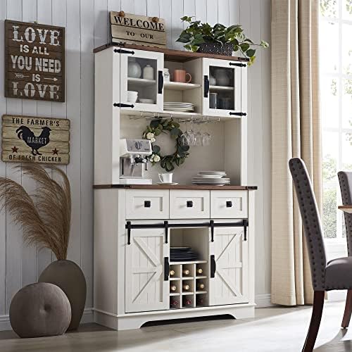 OKD 72" Farmhosue Bar Cabinet with Sliding Barn Door, Large Kitchen Buffet with Hutch w\/Wine &amp; Glasses Rack, 3 Drawers, 12 Storage Shelves, Rustic Coffee Bar Sideboard Table, Antique White