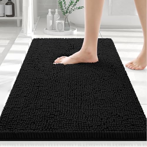 Smiry Luxury Chenille Bathroom Rugs 30x20, Extra Soft and Absorbent Shaggy Bath Mat, Machine Washable, Non-Slip Plush Carpet Runner for Tub, Shower, and Floor, Home Decor Accessories, Black