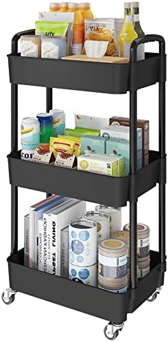 Laiensia 3-Tier Kitchen Storage Cart,Multifunction Utility Rolling Storage Organizer,Mobile Shelving Unit Cart with Lockable Wheels for Bathroom,Laundry,Living Room,With Classified Stickers,Black