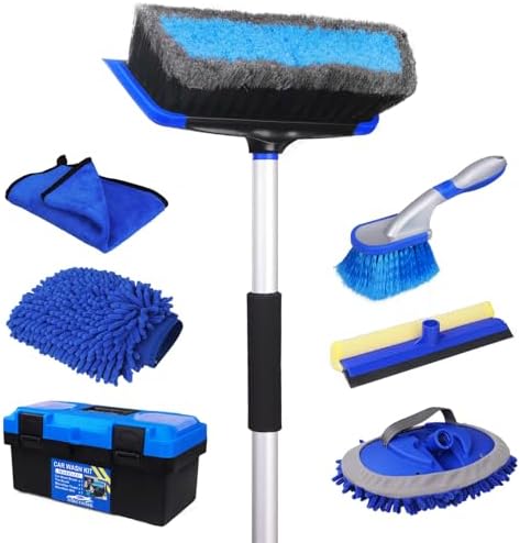 NIKCOSMK 62'' Car Wash Brush with Long Handle, Car Wash Kit with Tire Brush, Tower, Window Squeegee, Chenille Microfiber Car Wash Mop Mitt, Car Cleaning Brush Kit Supplies for Car, Truck, SUV,
