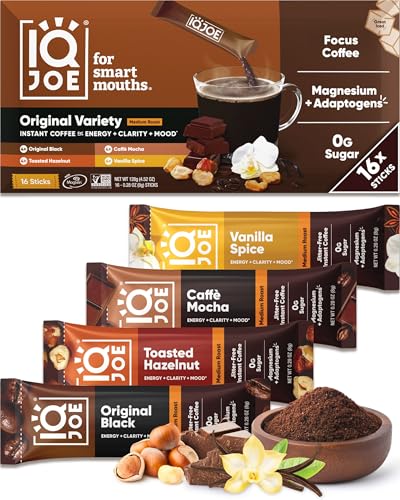 IQJOE Mushroom Instant Coffee - 4-in-1 Formula for Focus, Clarity, Mood, and Energy - Lion\u2019s Mane, Magnesium L-Threonate, Antioxidants, Adaptogens, Sugar Free, Keto, Vegan - 16 Count Variety Pack