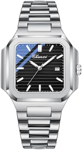 BESTKANG Men's Classic Square Watch - Silver Stainless Steel Analog Quartz Dress Watch with Luminous Hands, Date Calendar, 30M Water Resistant for Business Casual