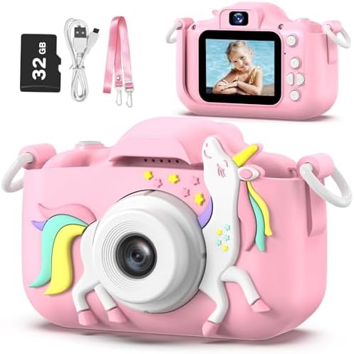 Goopow Kids Camera Toys for 3-8 Year Old Girls Boys,Children Digital Video Camcorder Camera with Cartoon Soft Cover, Best Chritmas Birthday Festival Gift for Kids - 32G SD Card Included