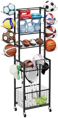 OYEAL Freestanding Ball Rack with Wheels Garage Basketball Storage Cart Outside Sports Equipment Organizer Ball Holder with Storage Baskets for Basketball, Soccer, Volleyball, Football, Black