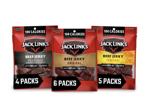 Jack Link's Beef Jerky Variety Pack \u2013 Includes Original, Teriyaki and Peppered Jerky, Bulk Protein Snack Pack, Good Source of Protein, Meat Snacks Made with 100% Beef \u2013 1.25 Oz (Pack of 