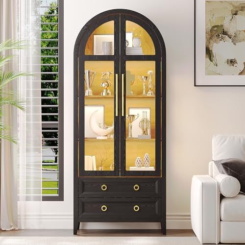LVSOMT 71" Tall Arched Storage Cabinet with Glass Doors and Drawers, Curio Display Cabinet with Adjustable LED Light &amp; Human Sensor, 4-Tier China Cabinet for Living Room(Black+Wood)