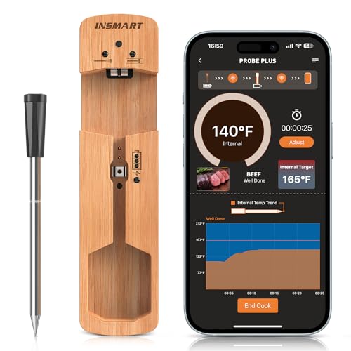 INSMART Wireless Smart Meat Thermometer,330FT Bluetooth Range,100% Waterproof,Precision Cooking Grilling,Multi Sensors,for BBQ,Oven,Grill,Kitchen,Smoker, Rotisserie Turkey Beef\/iOS &amp; Android App