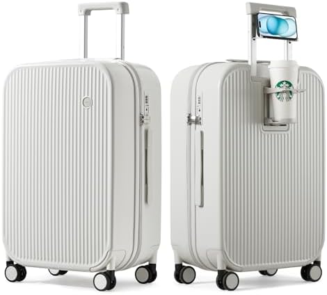 mixi Checked Luggage with Cup Phone Holder Hard Shell Rolling Travel Suitcase with Spinner Wheels,24 Inch Smoke White
